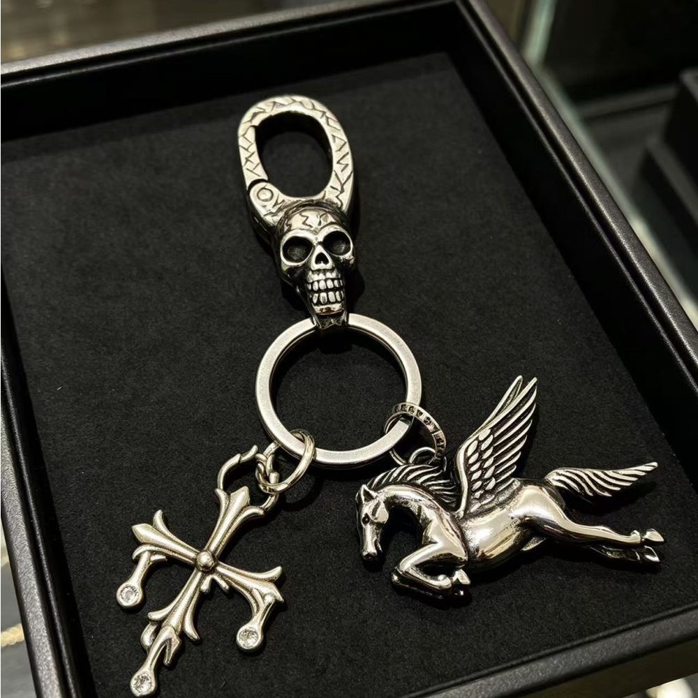 Chrome Hearts Silver Skull Clip Keychain with Pegasus and Cross Charms